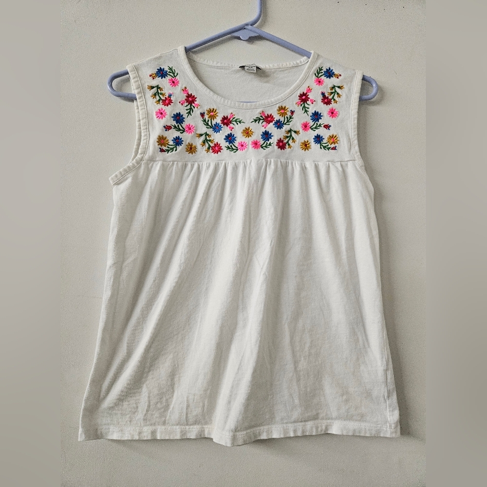 J. Crew Factory White Sleeveless Top with Multi-Colored Embroidered Flowers
